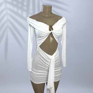 White Cutout Mini Dress – Off Shoulder Long Sleeve Ruched Bodycon w/ Knot Detail